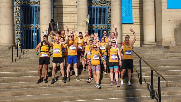 Striders on city hall steps